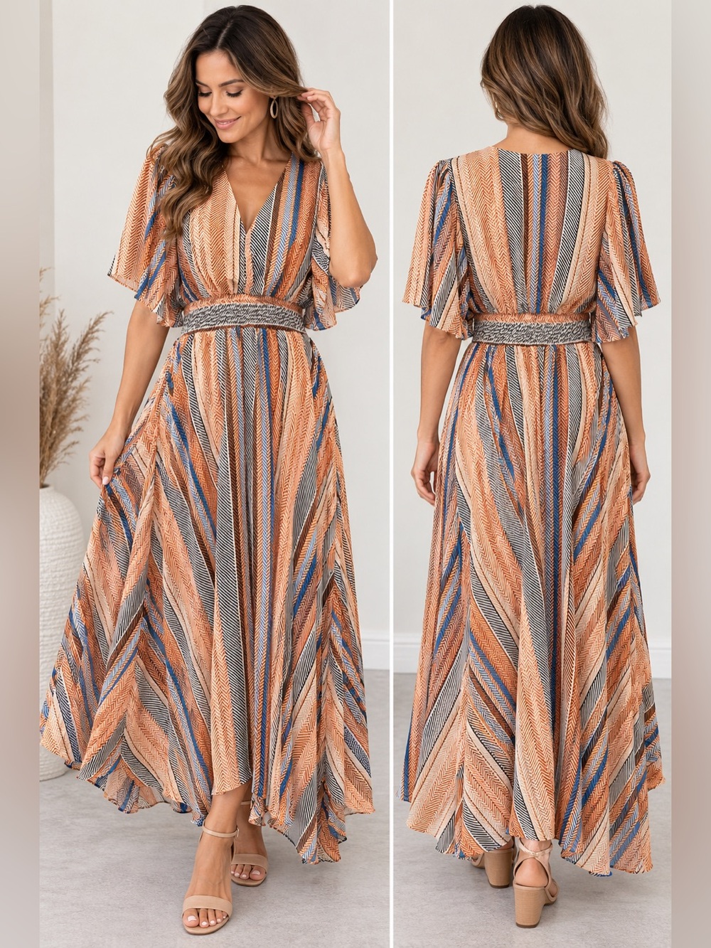 MelloDay Maxi Dress L Rust Blue Striped Flutter Sleeve Smocked Waist Boho